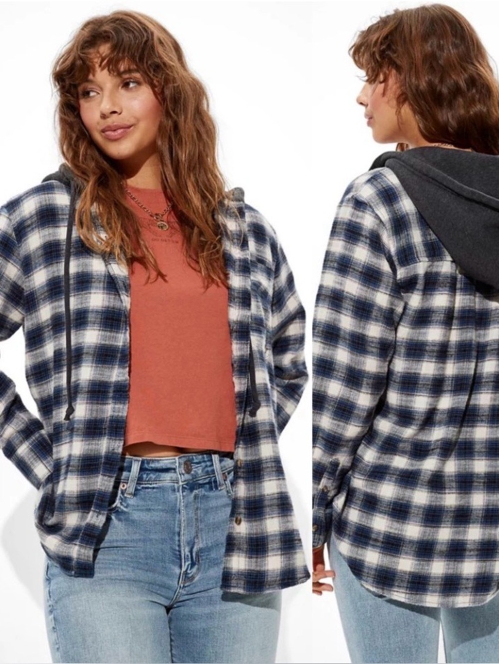 American EaglePlaid Hooded Button-Up Shirt Jacket in Navy and Cream